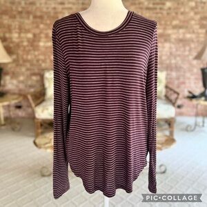 SO Favorite Top Crew Plum Purple Striped Tee Shirt M Long Sleeve Casual Work